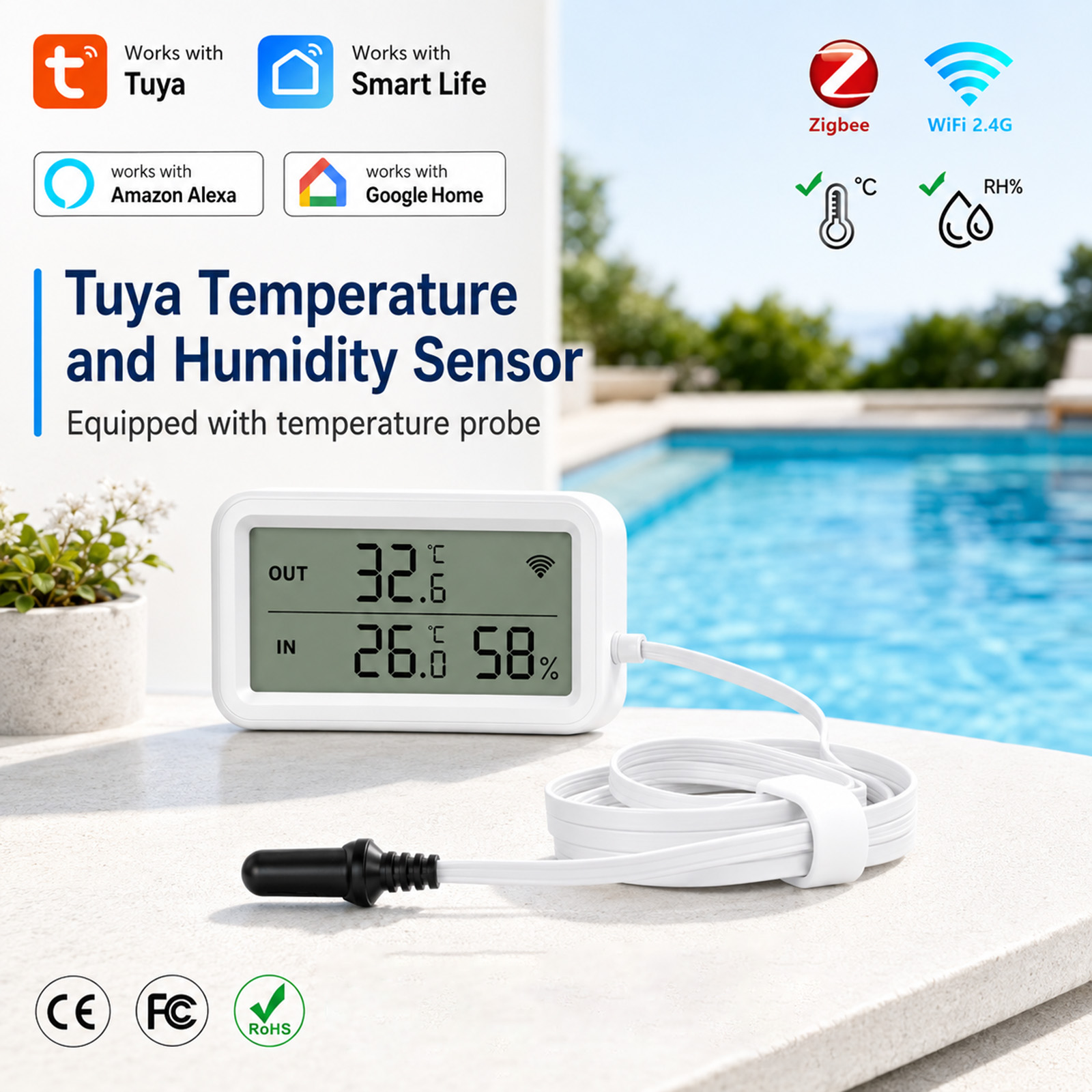 Digital Hygrometer Probe - เซ็นเซอร์วัดอุณหภูมิและความชื้นภายนอกแบบกันน้ำ Tuya WiFi Zigbee พร้อมหน้าจอ LCD